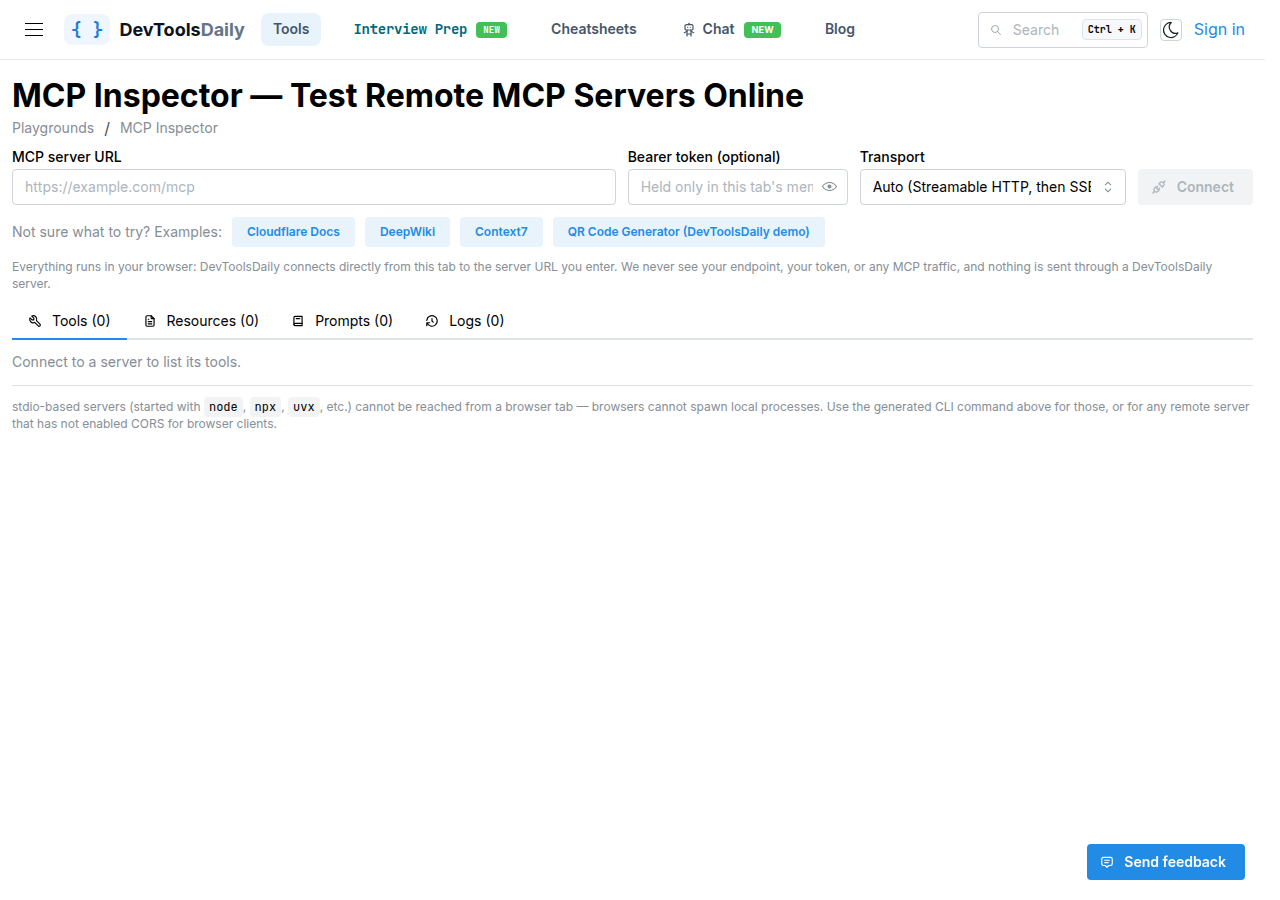 MCP Inspector example buttons, including the QR Code Generator