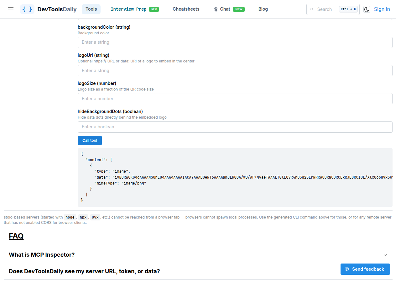 MCP Inspector displaying a tool response containing base64 PNG image data