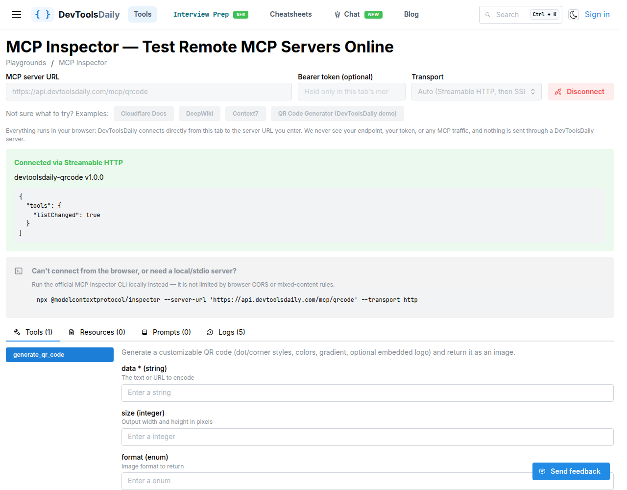 MCP Inspector input form generated from the generate_qr_code schema